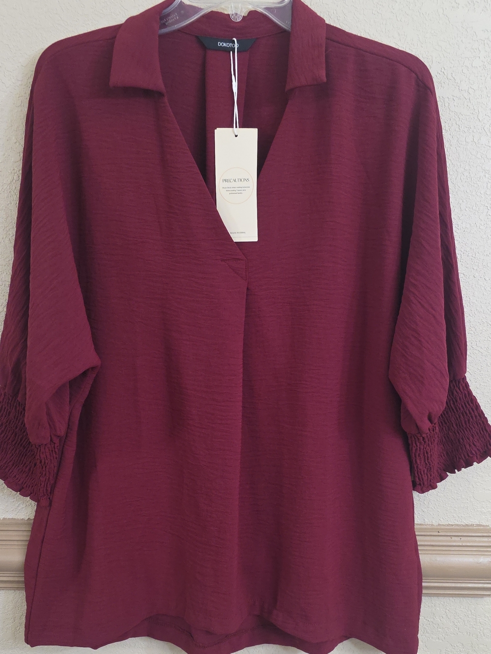 Dokotoo women's Burgundy V-Neck Blouse with Smocked Sleeves